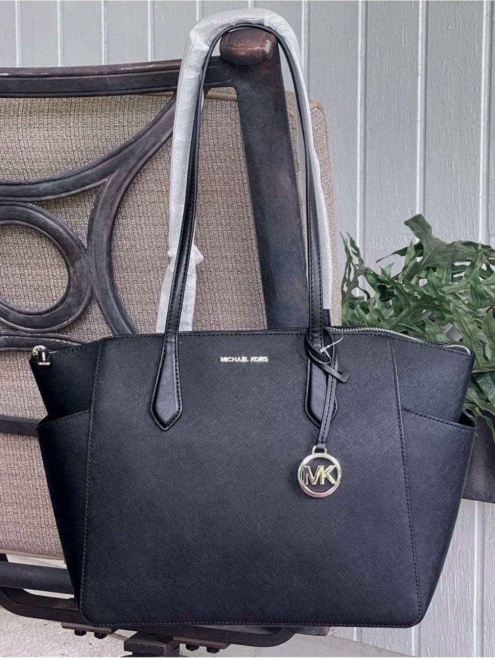 Michael Kors Black Saffiano Leather Tote with MK Charm